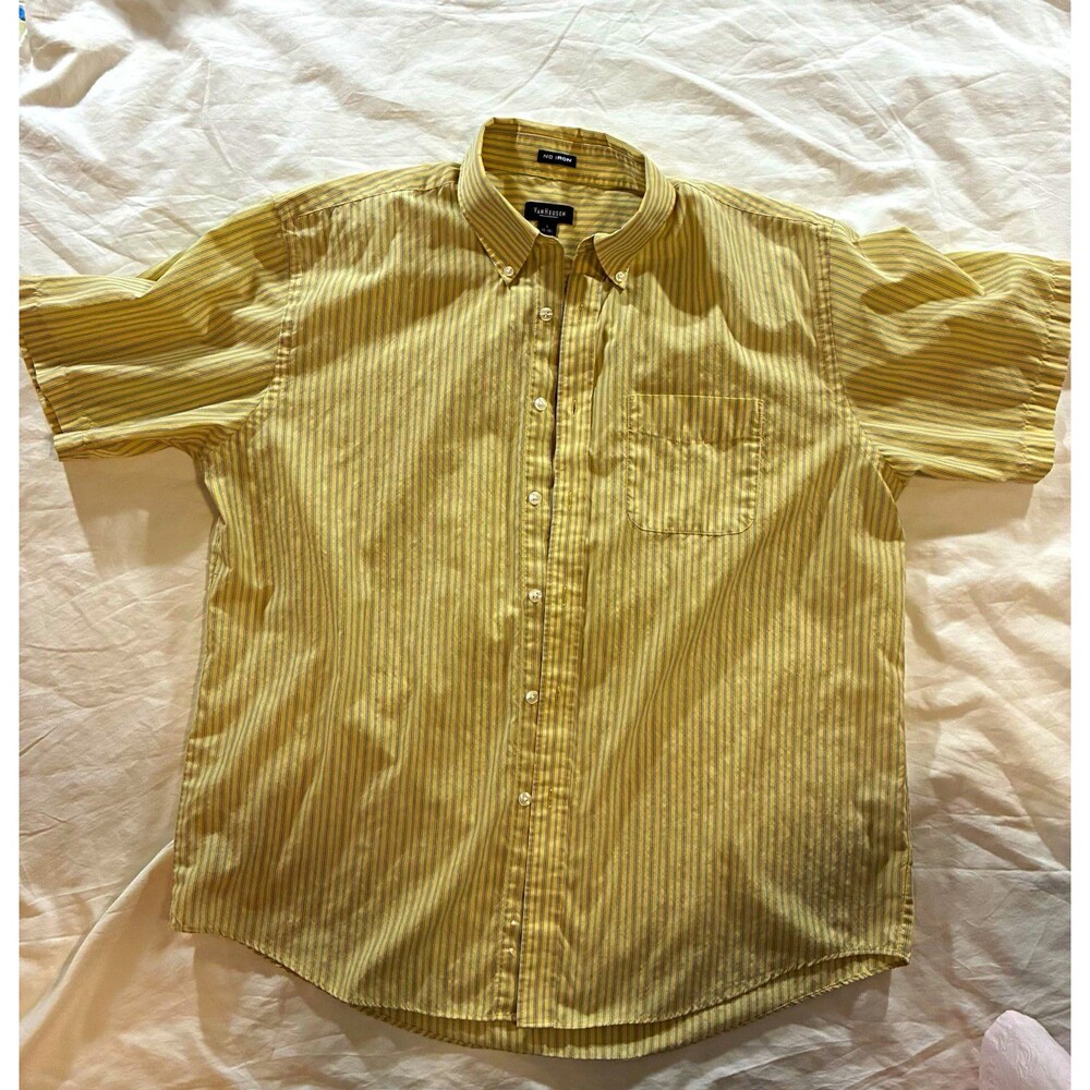 Van Heusen No Iron Men's L Short Sleeve Button-Down Shirt Yellow Blue Stripe